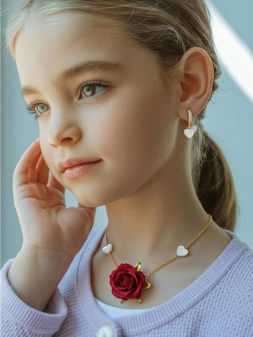 Kids Heart &  real Rose Pendant Necklace and Earrings Set - Pink White Gold